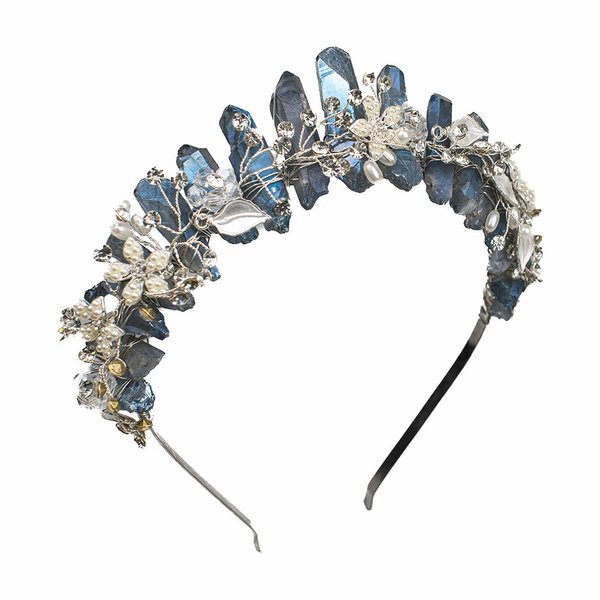 Bubbmi Raw Crystal Headband with Pearl Flowers, Quartz Rhinestone Bridal Tiara Crown Headpiece for Women Girls(gray)