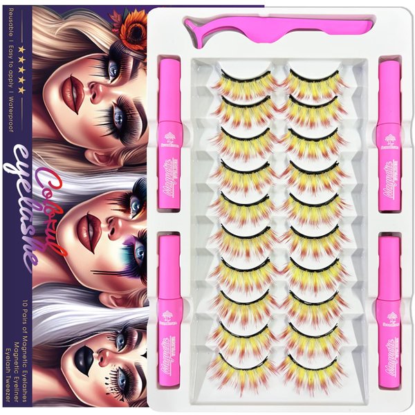 Magnetic Eyelashes Colored Eyelashes for Halloween Party Cosplay Makeup Kit,Yellow mix Red Look,10 Pairs Wispy Color Magnetic Lashes with Eyeliner,18-23MM Fake Eyelash Cruelty-Free & Vegan