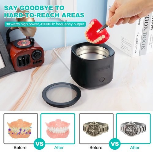 Ultrasonic Retainer Cleaner Denture Cleaning: 42kHz Portable Sonic Dental Clean Pod for Mouth Guard Denture Aligner Invisalign (Black)