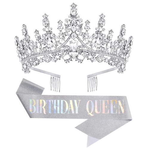 Papoopy Birthday Tiara Crown with Sash for Women and Girls, Headband Hair Accessories for Wedding Party Costume Silver