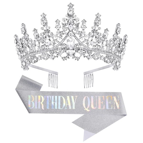 Papoopy Birthday Tiara Crown with Sash for Women and Girls, Headband Hair Accessories for Wedding Party Costume Silver