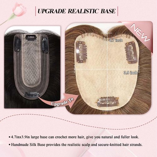 POWERASIA Hair Toppers for Women Real Human Hair Extensions with Thinning Hair No Bangs Wiglets Upgrade 3.9x4.7Inch Silk Base Clip ins Hair Pieces 150% Density Remy Hair Wig Topper #6 Light Brown