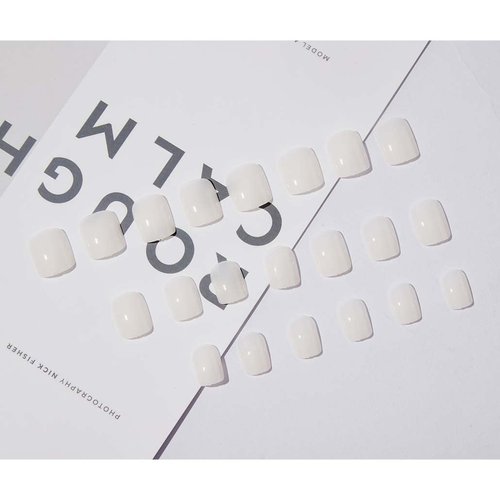 Foccna White Press on Nails Square Fake Nails Acrylic Glossy Short False Nail Tips Simple Artificial Finger Manicure for Women and Girls 24pcs