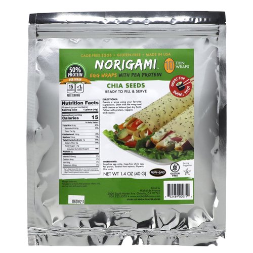 Norigami Egg Wraps with Pea Protein – Chia Seeds. High Protein, Low Carb, Vegetarian. Thin Healthy Wraps -Certified Kosher, Non-GMO, Gluten Free -NOW Featuring 10 Wraps in a bag.
