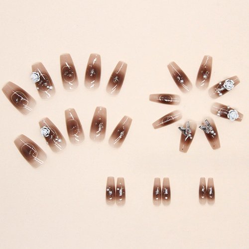 Hkanlre Coffin Press on Nails Flower Fake Nails Tips Full Cover Butterfly Medium False Nails for Women and Girls 24PCS