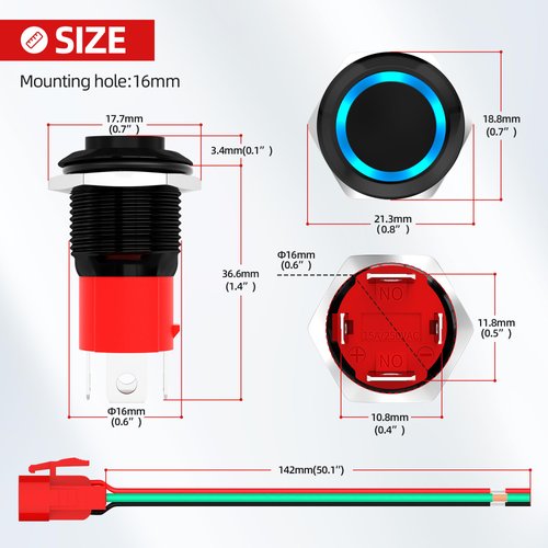 Joinfworld 12V 20 Amp Heavy Duty Latching Push Button Switch Waterproof ON Off Switch 16MM Pushbutton Switch 12 Volt Blue Led with Pre-Wired for Marine Boat Truck Car Motorcycle