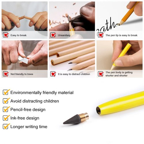 AUAUY 3 PCS Metal Inkless Pencil, Infinity Pencil, Reusable Everlasting Pencil, Replaceable Nib Pencil with 3 Replaceable Nib for Writing Drawing Home Office School Supplies(Black&Red&Yellow)
