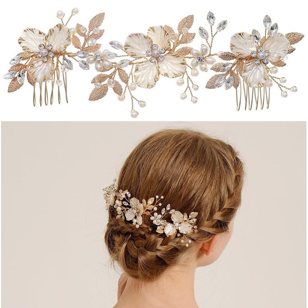 Rhinestone Flower Hair Combs for Wedding and Special Events, Long Wedding Hair Clip with Two Teeth Grip Flower-Leaf Crystal Bridal Hair Piece for Wedding Flower Girl Bridesmaid Hair Vine
