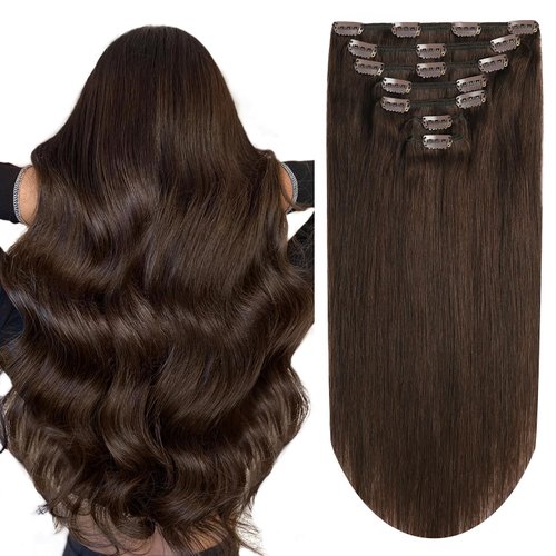 Clip in Hair Extensions Real Human Hair 12 inch Dark Brown Hair Extensions 100g Straight Human Hair Clip in Extensions for Women Brazilian Virgin Human Hair Double Weft (12 inch, 7ps,100g)