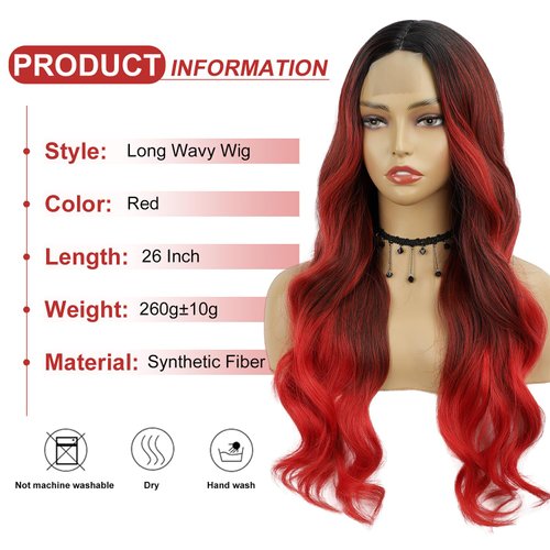 LUNDEREN Ombre Red Wigs for Women Long Red Wig Ombre Red Wavy Wig Long Red Wavy Wig 26 Inch Heat Resistant Red Wigs for Daily Party Use (Ombre Red)