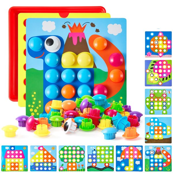 Geekper Button Art Toys for Toddlers, Color Matching Mosaic Pegboard, Early Learning Educational Toys for 3, 4, 5, 6 Year Old Kids Boys and Girls Christmas Gifts, 10 Pictures and 58 Buttons