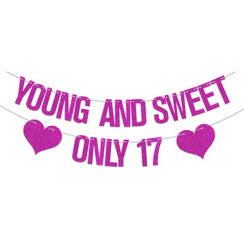 Young and Sweet Only 17 Banner, Girls 17th Birthday Decorations, 17th Birthday Decorations for Girls, Seventeen Year Old Party Supplies Rose Red