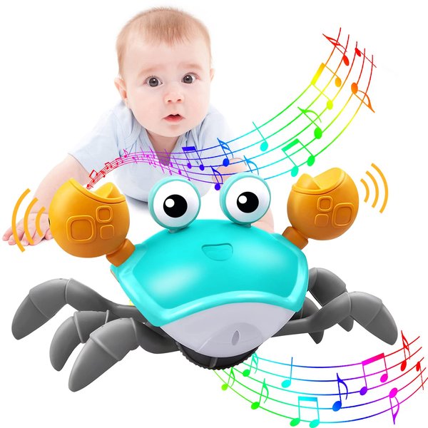 Plnmlls Crawling Crab Baby Toy,Tummy Time Baby Toys with Music and LED Light Will Automatically Avoid Obstacles,Build in Rechargeable Battery for Toddler Interactive Development Toy