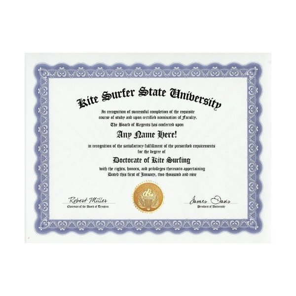Kite Surfer Kite Surfing Kite Surf Degree: Custom Gag Diploma Doctorate Certificate (Funny Customized Joke Gift - Novelty Item)