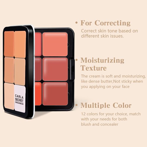 HOSAILY 12 Colors Cream Blush Palette, Color Correcting Concealer Foundation Palette, Long Wearing Smudge Proof Blendable Matte Finish Blush Powder Highlighter and Cream Contour Palette Makeup (01)