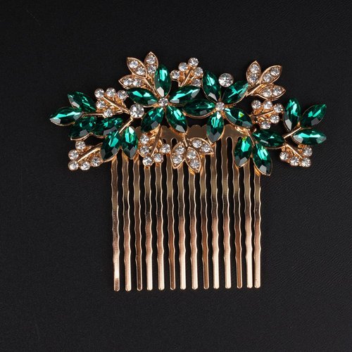 Missgrace Women Bridal Wedding Silver Rhinestones Flower Leaf Side Hair Comb Special Occasion Headpiece Hair Accessories for Women (Gold Green)