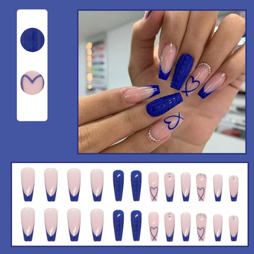Gifiky Long Coffin False Nails Blue French Press on Nails Cute Nails Tips Acrylic Crystal Gem Design Fake Nails for Women and Girls 24Pcs