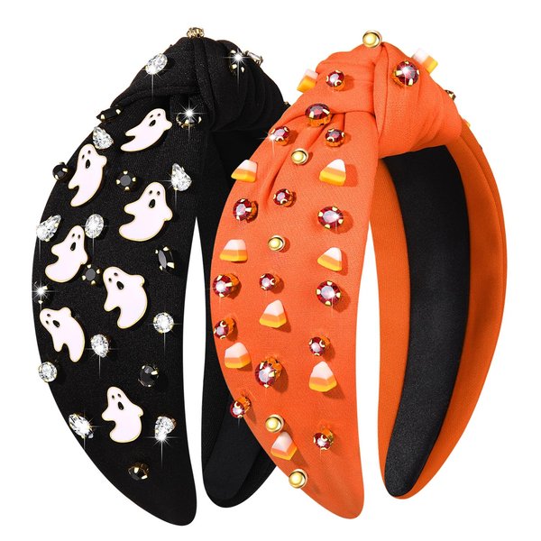 2PCS Halloween Headbands for Women Halloween Accessories Boo Trick or Treat Knotted Headband Embellished Rhinestone Pearl Top Knot Headbands Halloween Costume Party Hair Accessory (2PCS Halloween B)