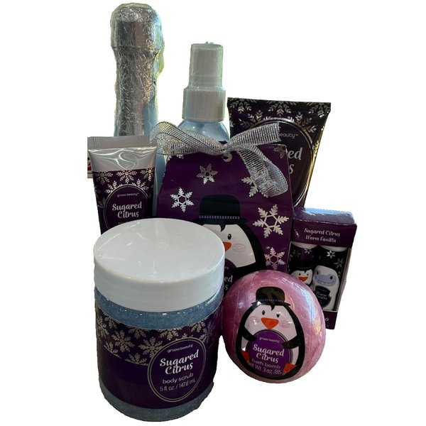Groovy 8 Piece Bath & Body Self Care Pack in Sugared Citrus Includes Bubble Bath, Shimmer Body Mist, Shimmer Body Lotion, Bath Confetti, Body Scrub, Hand Cream, Lip Balm Duo, Bath Bomb