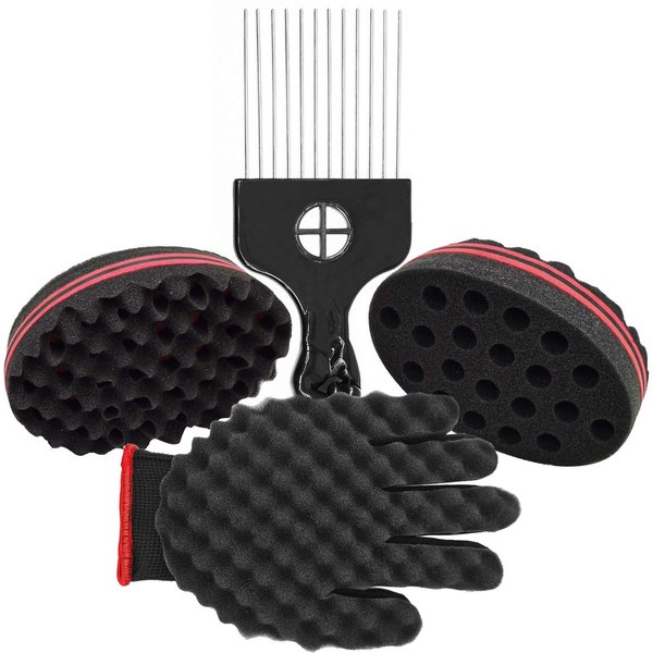 4-Pack Twist Sponge Brush Set - Magic Hair Styling Tools for Curls, Twists, Dreadlocks, Afros and Coils Including Metal Pick & Curl Glove for Black Men