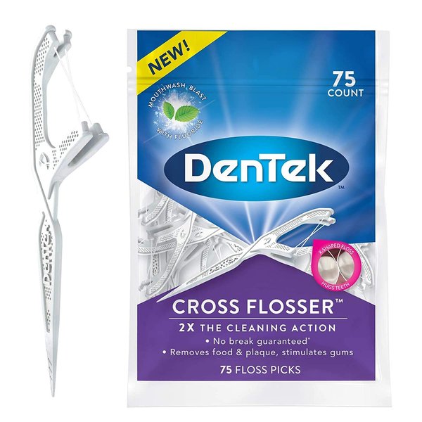 DenTek Cross Flosser Plaque Control Floss Picks, Unique X-Shaped Floss, Flouride Infused Floss Strands, Mouthwash Blast Flavor, 75 Count in Each Pouch (Pack of 2)