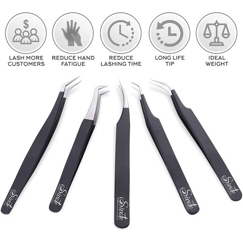 SIVOTE Eyelash Extension Tweezers for Classic & Volume Lashes, 5-Pack, Black