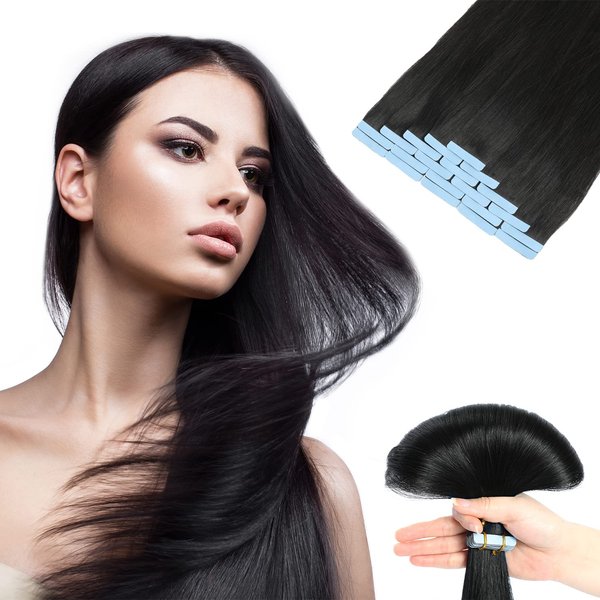 Jerriess Tape in Hair Extensions Human Hair, Professional Grade Remy Human Hair Tape in Extensions, Silky Texture &Full Thick Ends Hair Extensions, 20pcs 50g/pack Straight Natural Black, 22 inch(#1b)