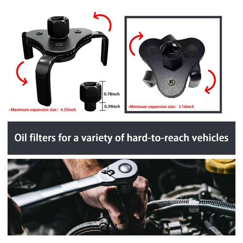 Augeny Universal Adjustable Oil Filter Wrench, 2.1" 4.2" Diameter Oil Filter Removal Tool, 3-Jaw Design Oil Filter Wrench Replacement Tool, Car Accessories for Most Cars, Trucks, Tractors (Black)