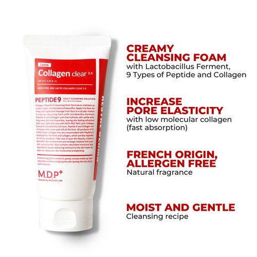 MDP M.D.P MEDI-PEEL RED LACTO COLLAGEN CLEAR 2.0, Peptide, Pore Tightening, Daily Moisturizing Cleanser, Deep Pore Cleansing, Foaming Facial Wash | 4.05 fl.oz, 120ml