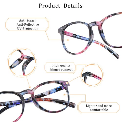 LifeArt Bifocal Reading Glasses with Round Lenses, Blue Light Blocking Glasses for Women, Anti Glare, Reduce Eyestrain (Pinkfloral, 0.00/+1.50 Magnification)