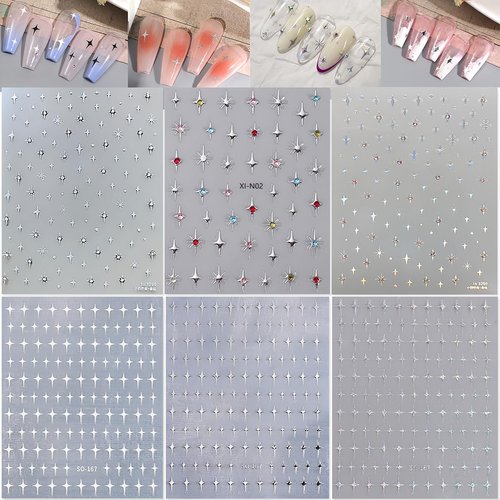 Shiny Crystal Star Nail Stickers for Nail Art, 6 Sheets Shiny White Silver Stars Nail Decals 3D Self-Adhesive Star Nail Designs Sticker Nail Tips DIY Manicure Decoration Supplies for Women and Girls