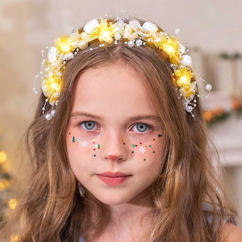 GORAIS Flower Wedding Headpiece Gold Pearl Bridal Headband Light Up Hair Vine Hair Accessories for Bride and Flower Girls