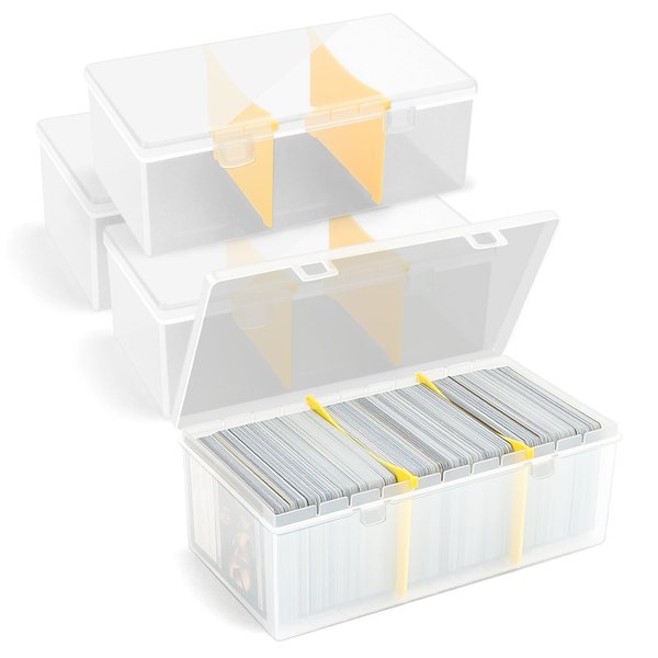 REAQUE 4Pcs Plastic Trading Card Storage Box, Holds 2400+ Unsleeved Cards with 4 Dividers, Organizer for MTG, PTCG, YGO, CCG, and Sports Card Collections