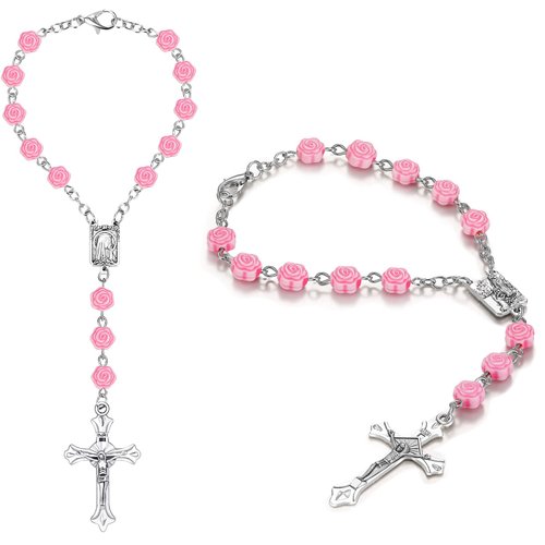 Konohan 2 Pieces Car Rosary Rearview Mirror Auto Rosary Religious Car Mirror Hanging Accessories for Car Personalized Protection Charm for Auto Decors (Rose)