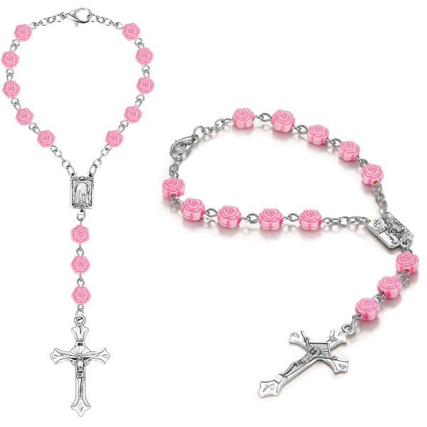 Konohan 2 Pieces Car Rosary Rearview Mirror Auto Rosary Religious Car Mirror Hanging Accessories for Car Personalized Protection Charm for Auto Decors (Rose)