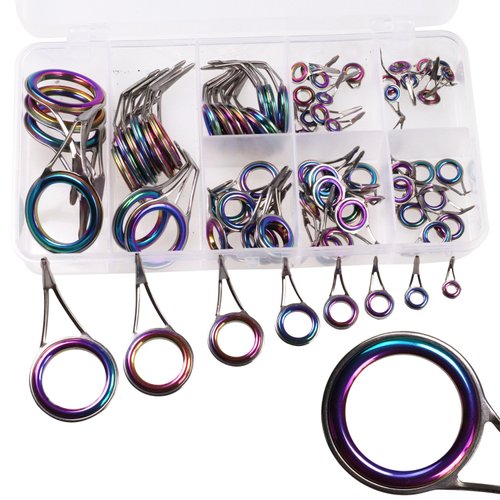 QualyQualy Fishing Rod Tip Repair Kit Fishing Pole Tip Replacement Kit Rainbow Laser Ceramic Ring Stainless Steel Fishing Rod Guides Repair Kit Single Foot 75Pcs