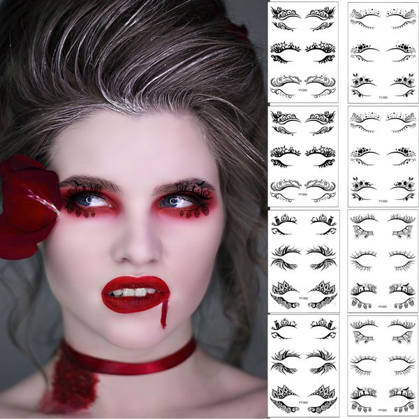 Ylapagne 8 Pairs Temporary Eye Tattoo Stickers Skull Spider Web Eyeliner Stickers Black Eyeshadow Waterproof Makeup Transfer Stickers for Halloween Masquerade Carnival