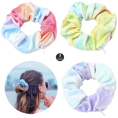 ZOSTLAND Hidden Pocket Premium Velvet Scrunchie with Secret and Hidden Zipper, Soft Hair Ties Bracelet, Key Money Storage Bag Wallet, Elastics Hair Band (3pcs Multicolour)