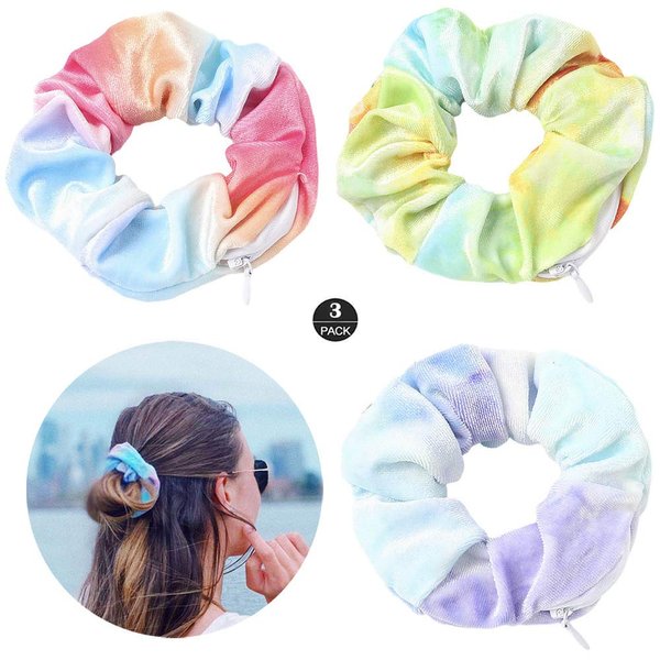 ZOSTLAND Hidden Pocket Premium Velvet Scrunchie with Secret and Hidden Zipper, Soft Hair Ties Bracelet, Key Money Storage Bag Wallet, Elastics Hair Band (3pcs Multicolour)
