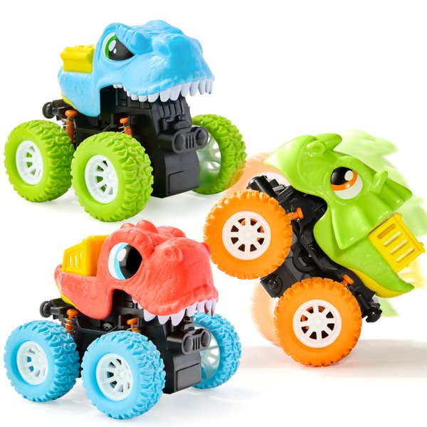 lalalark 3 Pack Monster Truck Toy, Dinosaur Toys for 3 4 5 Year Old Boys, Friction Power 360° Rotating Push and Go Cars, Bumping Up and Down Action, Christmas Birthday Gifts for Kids 3-5