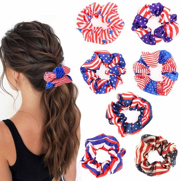 Jewemia Independence Day Hair Bands American Flag Hair Scrunchies for Women Red White Blue Hair Scrunchie Patriotic Hair Ties for Thick Curly Hair 4th of July Hair Accessories Gifts for Girls 7 Pcs