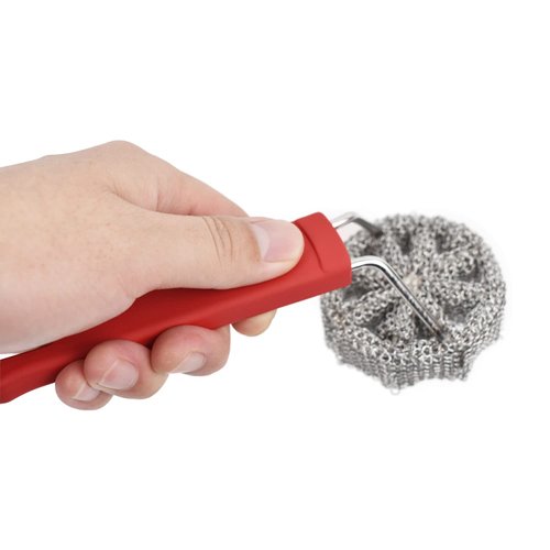 Cast Iron Chainmail Scrubber with Handle - Cleaner for Pans and Pots - Premium Stainless Steel/Silicone Scraper for Skillets - Ergonomic Food-Safe Design - Easy to Clean Cookware Dish Brush