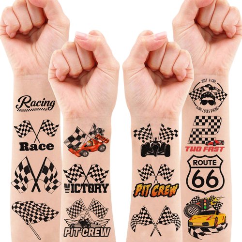 104 PCS Funny Race Car Checkered Flag Black and White Temporary Tattoos Sticker Birthday Party Decorations Supplies Favors Gifts Boys Girls Men Women Cute Racing Fake Tattoo School Prizes Carnival