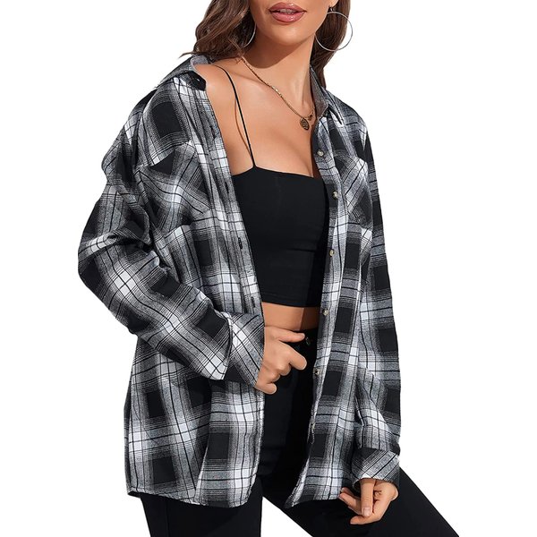 KevaMolly Plaid Long Sleeve Flannel Shirts for Women Loose Fit Boyfriend Button Down Shirt Casual Flannel Blouse Tops Black White L