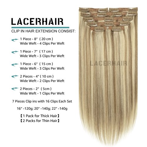 Lacer Hair Clip In Hair Extensions Real Human Hair Light Brown Highlighted Platinum Blonde Color Thick Silky Straight Remy Hair Clip In Extensions 7 Pieces 120 Gram 14 Inch