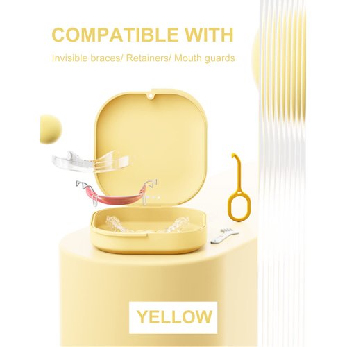 HEMILAB® Retainer Case, Slim Aligner Case with Vent Holes, Compatible with Invisalign, Mouth Guard Case, Cute Retainer Case with Retainer Removal Tool and Brush, Yellow