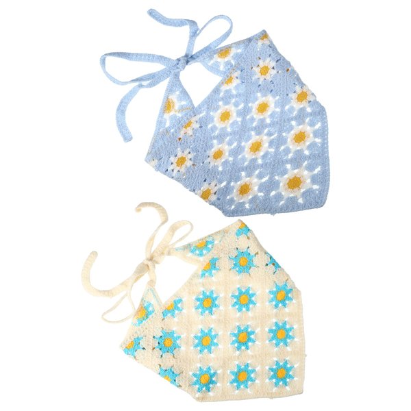VOCOSTE 2pcs Crochet Bandanas,Crochet Head Scarf, Crochet Headbands Hairbands Hair Scarf for Women Girls, Knitted Head Kerchief for Hair Styling Decor, White,Blue