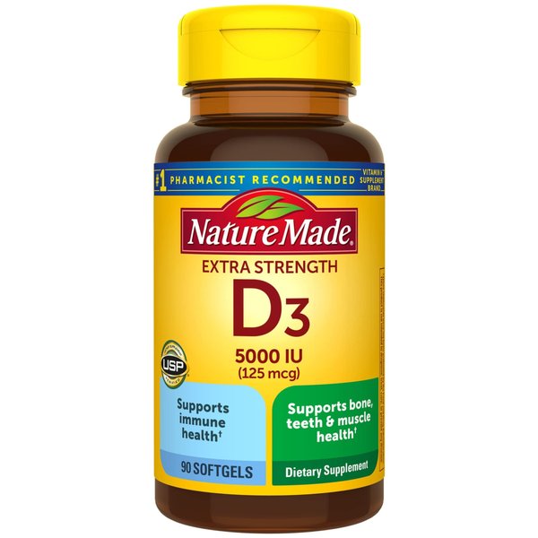 Nature Made Extra Strength Vitamin D3 5000 IU (125 mcg), Dietary Supplement for Bone, Teeth, Muscle and Immune Health Support, 90 Softgels, 90 Day Supply