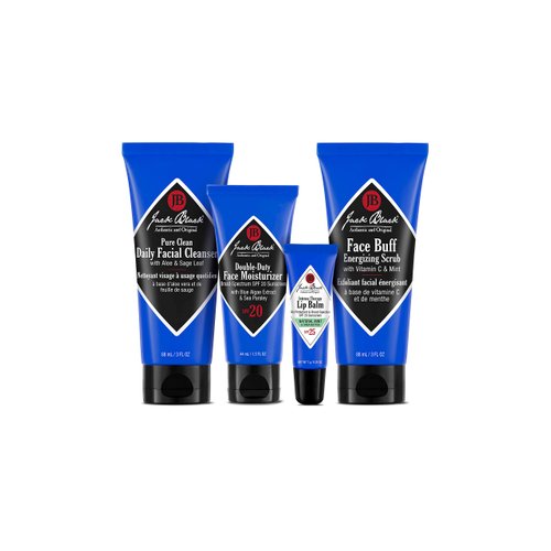 Jack Black Skin Saviors Set – Pure Clean Daily Facial Cleanser, Double-Duty Face Moisturizer SPF 20, Intense Therapy Lip Balm SPF 25 Natural Mint & Shea Butter, & Face Buff Energizing Scrub