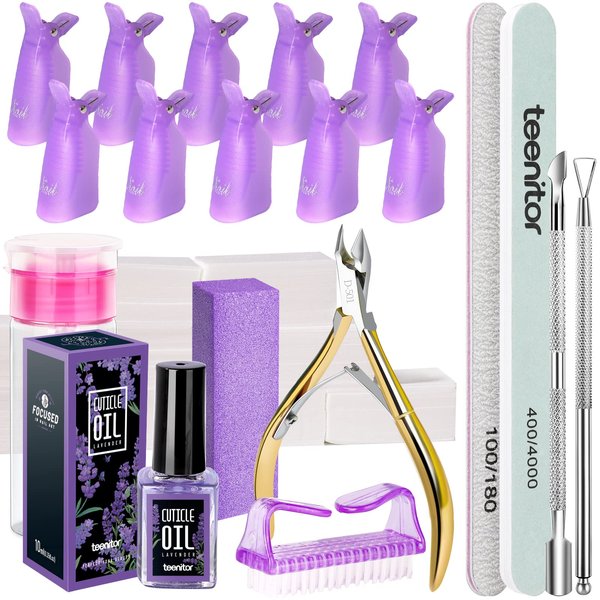 Teenitor Nail Gel Polish Dipping Powder Remover Tools Kit with Nail Clips, Remover Pads, Cuticle Oil, Nail Brushes, File, Buffer Block, Nail Clipper, Cuticle Peeler Scraper Pusher and Cutter